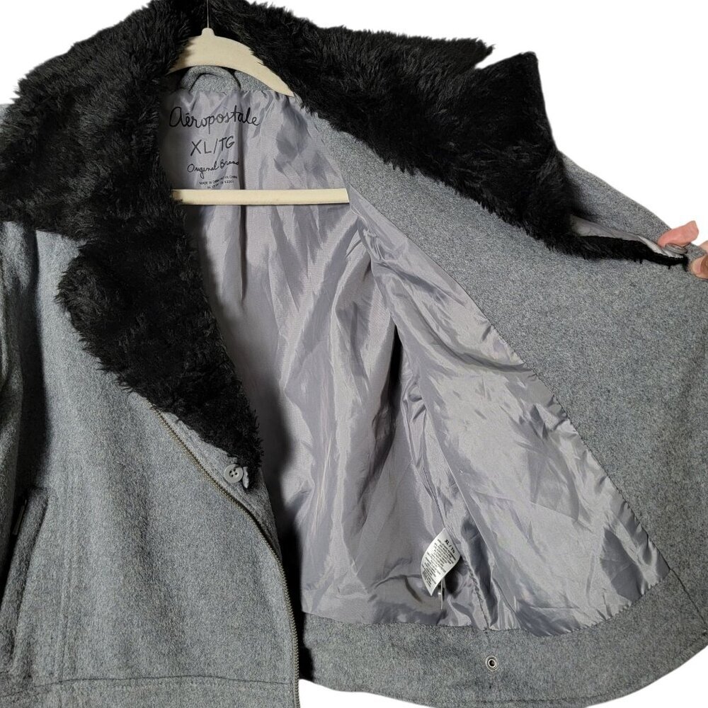 Aeropostale Womens Y2K Gray Wool Blend Coat Jacket XL Faux Fur Lined Collar - Picture 6 of 9